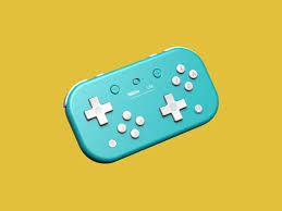 A cyan retro controller on a yellow backdrop